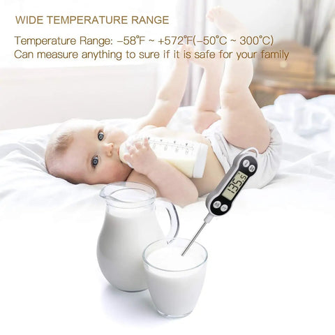 Ultimate Digital Meat Thermometer For Cooking And Grilling Instant Read Probe shown in milk with baby in background