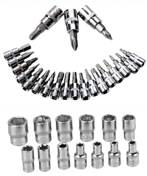 All In One 46 Pieces Quarter Inch Drive Ratchet Socket Set With Quick Release and Metric Bit Sockets displayed in rows
