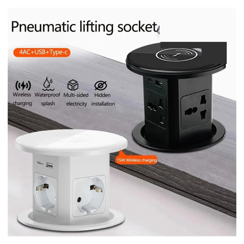 Top Shelf Pop Up Countertop Outlet With Auto Lift Retractable Body Includes USB Type C Port And Snappy Wireless Charger, view of white and black models.