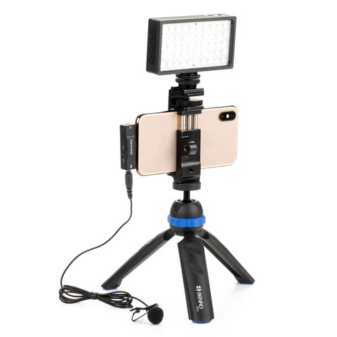 Lightning Audio Interface for iPhone and iPad With 3.5mm TRS and TRRS Mic Input and 3.5mm Headphone Out on tripod setup