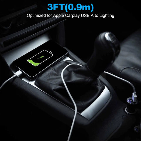 iPhone charging with USB A To Lightning CarPlay Cable in car console, 3ft length, for fast charging and syncing on road trip.