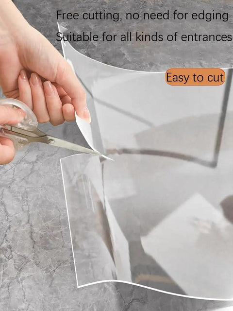 Heavy Duty 300 Sheet Adhesive Tacky Mats For Sweeping Dust Dirt And Grit Off Boots And Equipment Wheels Quick Peel Replacement Layers For Cleanrooms Hospitals Labs Construction Sites And Offices Straight Clean Setup Every Time, showing easy cutting with scissors.