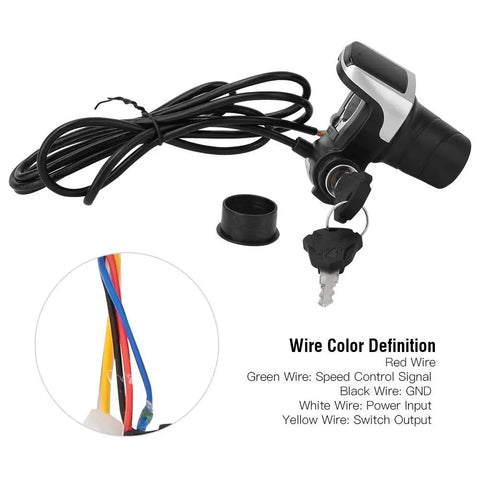 36V Twist Grip Throttle with LCD Power Display and Key Lock for E Bikes, shown with wiring diagram and color-coded wires