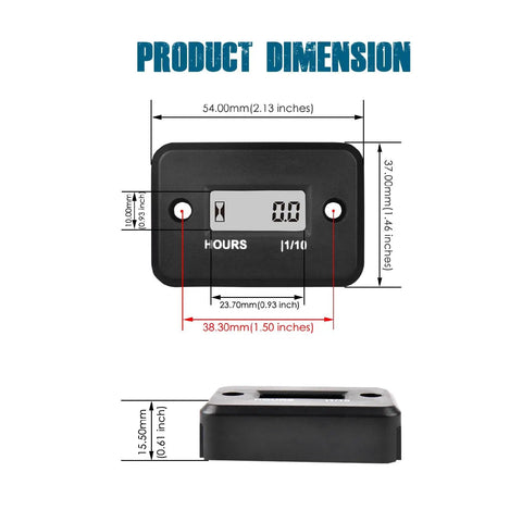 Product dimensions of Digital Hour Meter For Gas Engines Waterproof Design Keeps Tabs On Engine Hours for various machines.