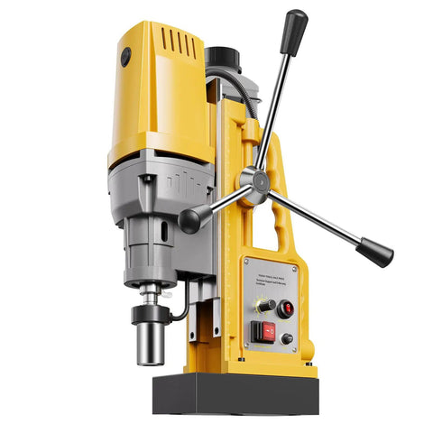 Heavy Duty Magnetic Drill Press Featuring Beefy 1400W Copper Motor And Rock Solid 2922 Lbs Base For Straight Shooting Metal Boring Up To Two Inches At Adjustable 750 RPM, close-up of drill.