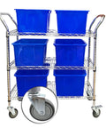 Badass Heavy Duty Swivel Caster Wheels With Expanding Stem For Garage Workbenches And Factory Carts Three Inch Rubber Tread Casters Pack Of Four on a cart with blue bins.