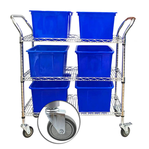 Badass Heavy Duty Swivel Caster Wheels With Expanding Stem For Garage Workbenches And Factory Carts Three Inch Rubber Tread Casters Pack Of Four on a cart with blue bins.