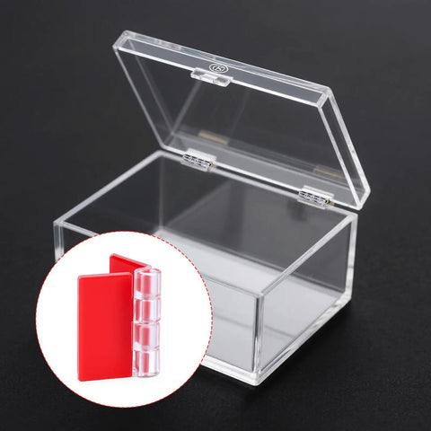 8 Pack Clear Acrylic Self Adhesive Hinges For Cabinets Drawers Lids And Displays, shown on clear box lid, transparent piano hinge view