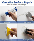 Close-up of Drywall Repair Kit With Scraper And Quick Drying Mending Agent For Holes And Cracks Includes 2 Tubes Of 250g Each DIY Friendly Nozzle Extender Sandpaper And Patch Tool For Fast Easy Home Wall Repair being applied to nail holes, wall cracks, chipped corners, and peeling paint.