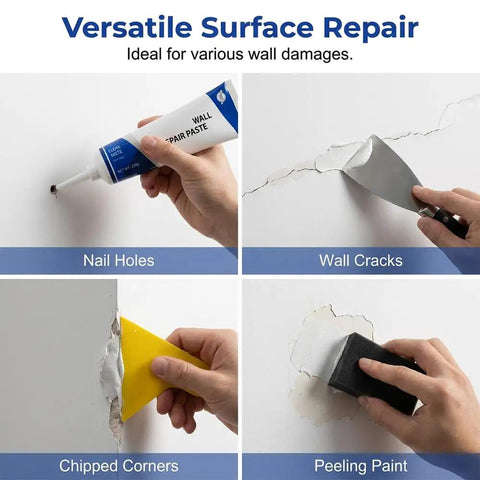 Close-up of Drywall Repair Kit With Scraper And Quick Drying Mending Agent For Holes And Cracks Includes 2 Tubes Of 250g Each DIY Friendly Nozzle Extender Sandpaper And Patch Tool For Fast Easy Home Wall Repair being applied to nail holes, wall cracks, chipped corners, and peeling paint.