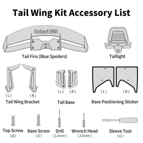Tail Wing Spoiler For GoKart Pro And Pro2 Kits accessory list with blue rear fin, brackets, taillight, screws, tools