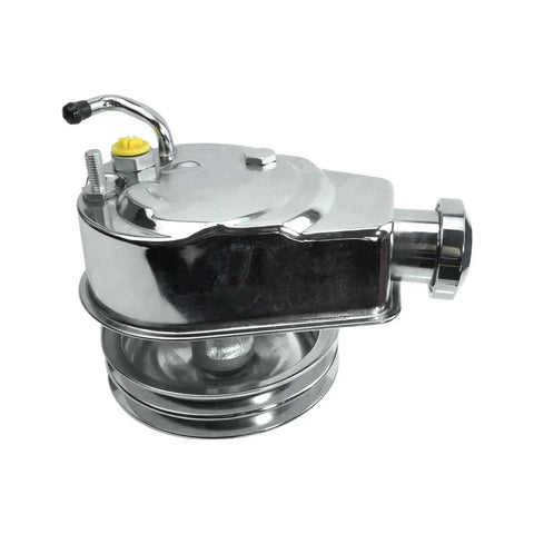 Power Steering Pump Seal Kit With Pulley And Double Groove, Chrome Finish, angled view of 5-7/8 inch key way shaft bracket