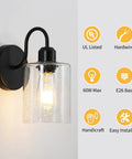 Set Of 2 Black Farmhouse Vanity Wall Lights With Seeded Glass Shades Sleek Modern Metal Sconce Fixtures For Bathroom Bedroom Hallway Living Room Decor E26 Base Compatible 60W Max Easy Mount, close-up with light on