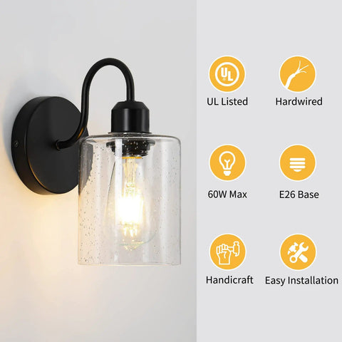 Set Of 2 Black Farmhouse Vanity Wall Lights With Seeded Glass Shades Sleek Modern Metal Sconce Fixtures For Bathroom Bedroom Hallway Living Room Decor E26 Base Compatible 60W Max Easy Mount, close-up with light on