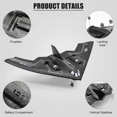 B-2 Spirit Stealth Bomber RC Airplane Ready To Fly 2.4GHz 2CH black foam drone with detailed propeller, landing gear, stabilizer