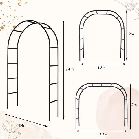 3 Pack Metal Garden Arch Trellis For Wedding Arches And Pergolas diagram showing dimensions and adjustable width.