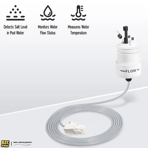 Three In One Tri Sensor Assembly With Attached Cable For AutoPilot Pool Pilot Salt Chlorinator Systems Keeps Salt Level Water Flow And Temperature In Check For Smooth Chlorination And Peak Efficiency, white sensor with cable