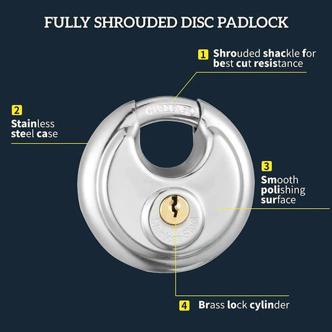 Eight Pack Stainless Steel Discus Padlocks Keyed Alike For Outdoor Storage Units Heavy Duty Disc Lock With Three Eighths Inch Shackle Weatherproof Brass Tumbler