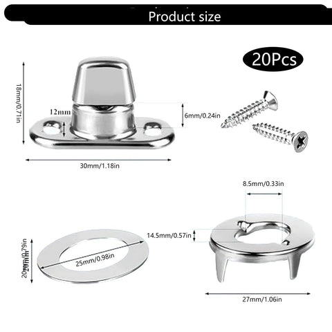 Amazon front view: 20-piece stainless steel twist-lock fasteners set with base plate, screws, eyelets and studs.