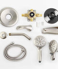 Brushed Nickel 3 Way Shower System components including rainfall head, handheld, tub spout, and valve diverter visible