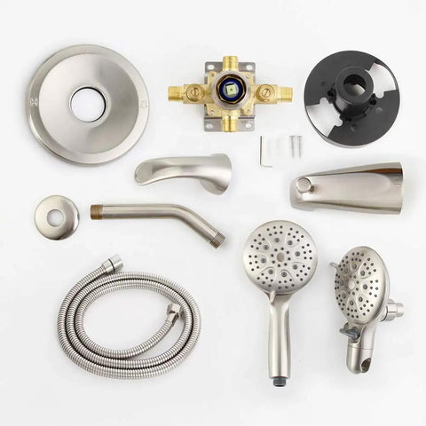 Brushed Nickel 3 Way Shower System components including rainfall head, handheld, tub spout, and valve diverter visible