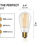 Vintage Edison Light Bulbs 60W E26 E27 Base 2100K Dimmable ST58 Style Warm Glow Squirrel Filament 6 Pack dimensions and specs