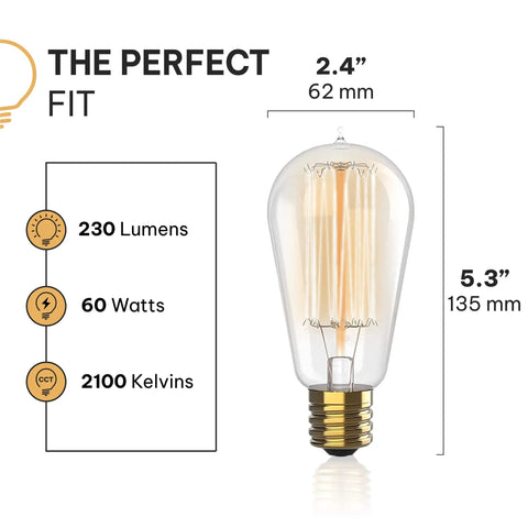 Vintage Edison Light Bulbs 60W E26 E27 Base 2100K Dimmable ST58 Style Warm Glow Squirrel Filament 6 Pack dimensions and specs