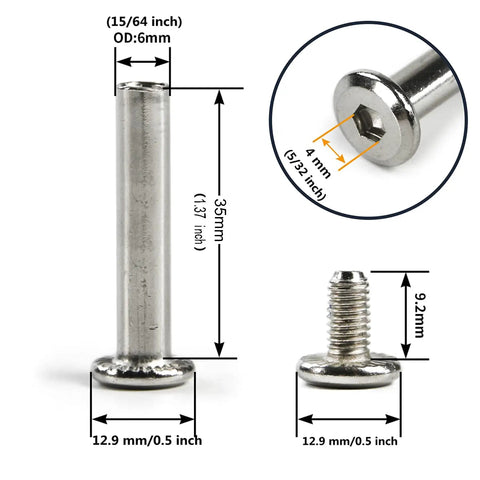 10 Pack Inline Skate Replacement Axles And Screws, 6Mm Shaft Diameter, 42Mm Overall Length, 4Mm Hex Width, Silver Tone