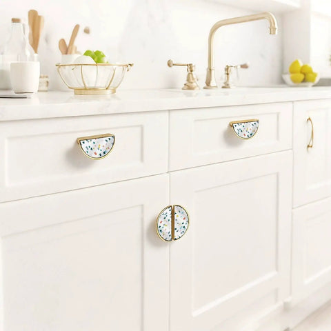 Two Pack Colorful Terrazzo Cabinet Handles With 3 Inch Center Hole Semicircle Gold Drawer Pulls Solid Zinc Alloy Hardware in kitchen