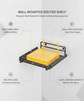 Heavy Duty Black Metal Mesh Wall Mount Bracket for modems and network gear shown with yellow modem on shelf