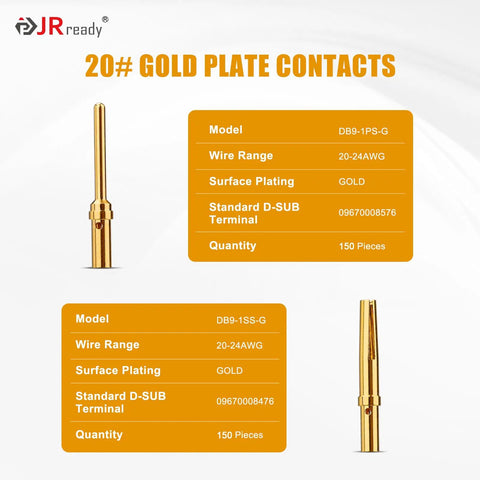 Top Notch 20 AWG Gold Plated DB9 Pins Sockets With Crimp Terminals And Pin Removal Tool For DRK-D Sub Connectors - Gold plated contacts