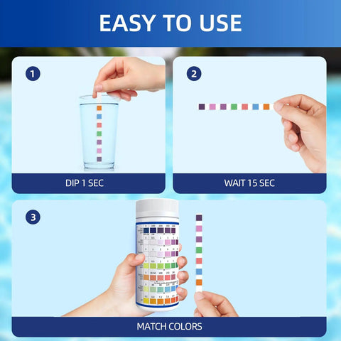 Hand using 7 In 1 Pool Test Strips 150 Count Hot Tub And Spa Water Tester in water with color matching chart.
