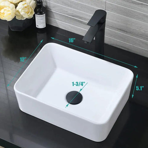 Rectangular Vessel Sink With Matte Black Faucet And Pop Up Drain 16 By 12 Inch Above Counter White Porcelain Ceramic Bathroom Basin