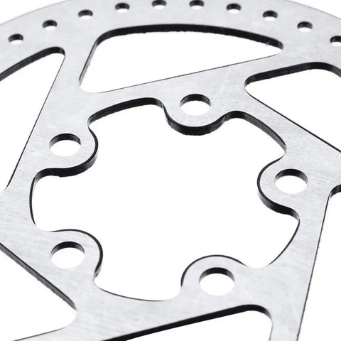 Close-up of Aluminum Alloy 140mm Six Hole Disc Brake Rotor for Electric Scooters Replacement Part, 2mm thick, silver