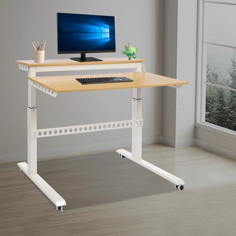 Heavy Duty Dual Tier Standing Desk With Smooth Crank Lift Tough Locking Wheels And Roomy Carbon Steel Desktop For Home Office showcasing ergonomic workspace.