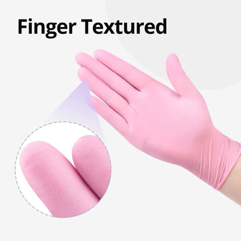 Nitrile Exam Gloves 4 Mil Large Cherry Blossom Food Safe Disposable Latex Free Powder Free showing textured fingertips