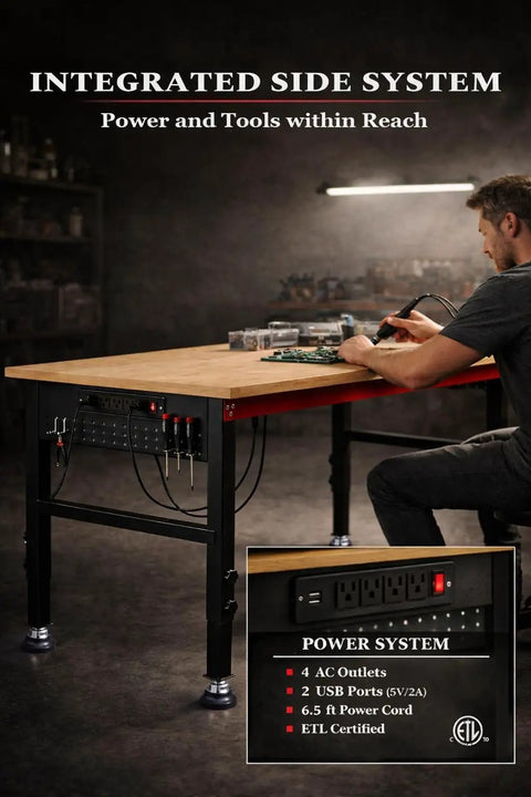 Man working at heavy duty 48 inch adjustable height workbench with power strip and pegboard in garage workshop.