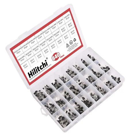 Open plastic case showing 24-Value General Purpose Transistors Kit Pro-Grade Power Transistors Pack Of 840 NPN PNP 2N2222 S9018 BC327 BC558.