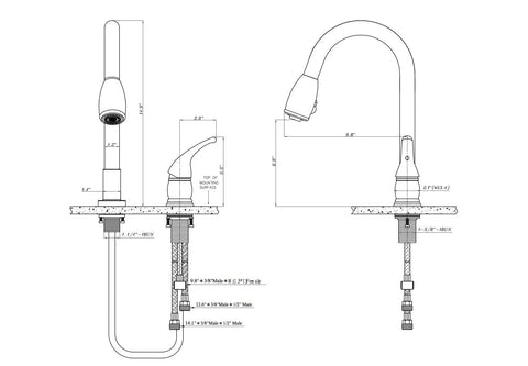 Technical diagram of RV Pull Down Kitchen Sink Faucet With Side Lever In Brushed Satin Nickel Built To Last Gooseneck Spout Pull Down Sprayer