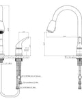 Technical diagram of RV Pull Down Kitchen Sink Faucet With Side Lever Handle, High Arc Gooseneck Spout, Pull Down Sprayer in brass.