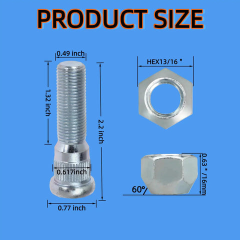 12 Set Trailer Wheel Studs With Nuts For Lippert Axles 3500 To 4400 Lb, 1/2-20 UNF Thread, detail of dimensions and shape