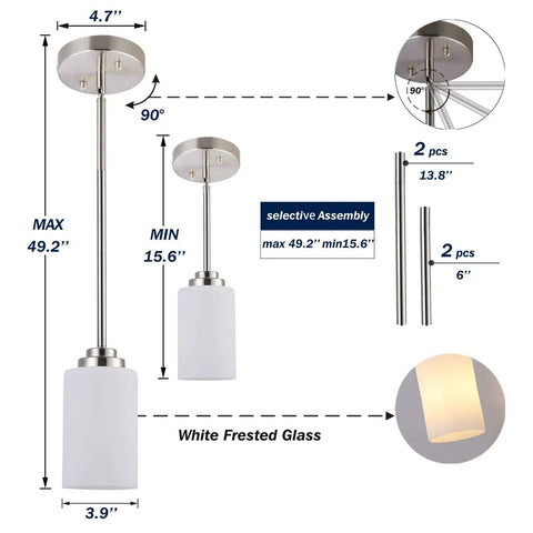 Diagram of 2 Pack Mini Pendant Lights For Kitchen Island Adjustable Height Indoor Modern Pendant Lighting Brushed Nickel With Milky White Frosted Glass Shades
