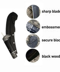 Two Section Foldable Sickle Knife With Wooden Handle And Sheath For Easy Weeding Grab And Go Portable Garden Tool Durable Stainless Steel Blade For Weeds Farming And Yard Cleanup, featuring sharp blade, embossment, secure block, and black wood details.