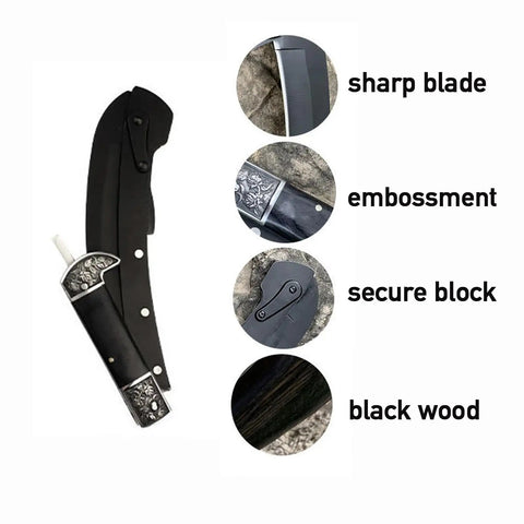 Two Section Foldable Sickle Knife With Wooden Handle And Sheath For Easy Weeding Grab And Go Portable Garden Tool Durable Stainless Steel Blade For Weeds Farming And Yard Cleanup, featuring sharp blade, embossment, secure block, and black wood details.