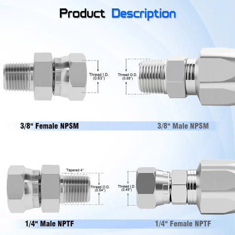 Hydraulic Swivel Adapter One Quarter Inch NPTF Male To Three Eighths Inch NPSM Female With 360 Degree Swivel For Tight Spaces Flexible Alignment Quick Connect Hydraulic Fitting, stainless steel