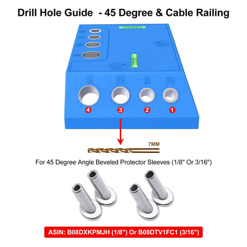 Blue Upgraded Drill Guide Jig With 3 Angles 30 45 90 Degrees for Cable Railing Deck Post Installation, showing four drill bit slots.