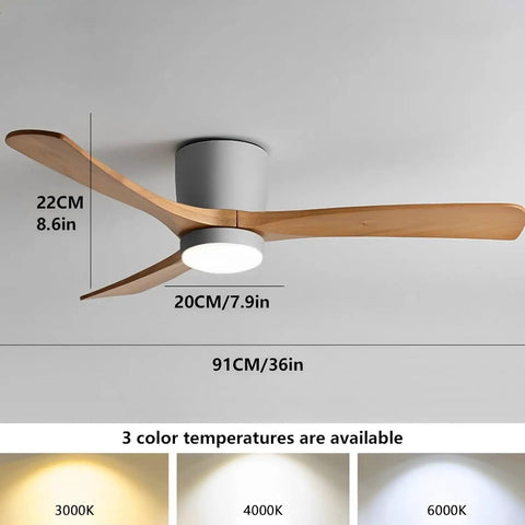 Lysdianpu Nordic Indoor Ceiling Fan Light, Quiet Ceiling Fan With Light And Remote, 91CM size, wooden blades, 3 light color options.
