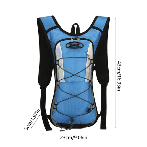 Hydration Pack For Outdoors With Water Bladder, Lightweight Hiking Backpack, Blue, Front View, Padded Shoulders, 16.93x9.06x1.97in