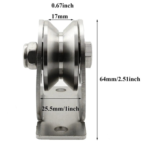 Detachable Stainless Steel V-Type Groove Sliding Wheel Roller Track Rail Fixed Pulley With Duplex Bearing For 0-13mm Wire Rope 304 stainless steel pulley, 64mm tall, 17mm groove
