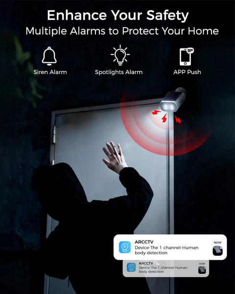 Demonstration of Solar Wireless Outdoor Security Camera Kit for home with alarm and night vision detecting intruder.